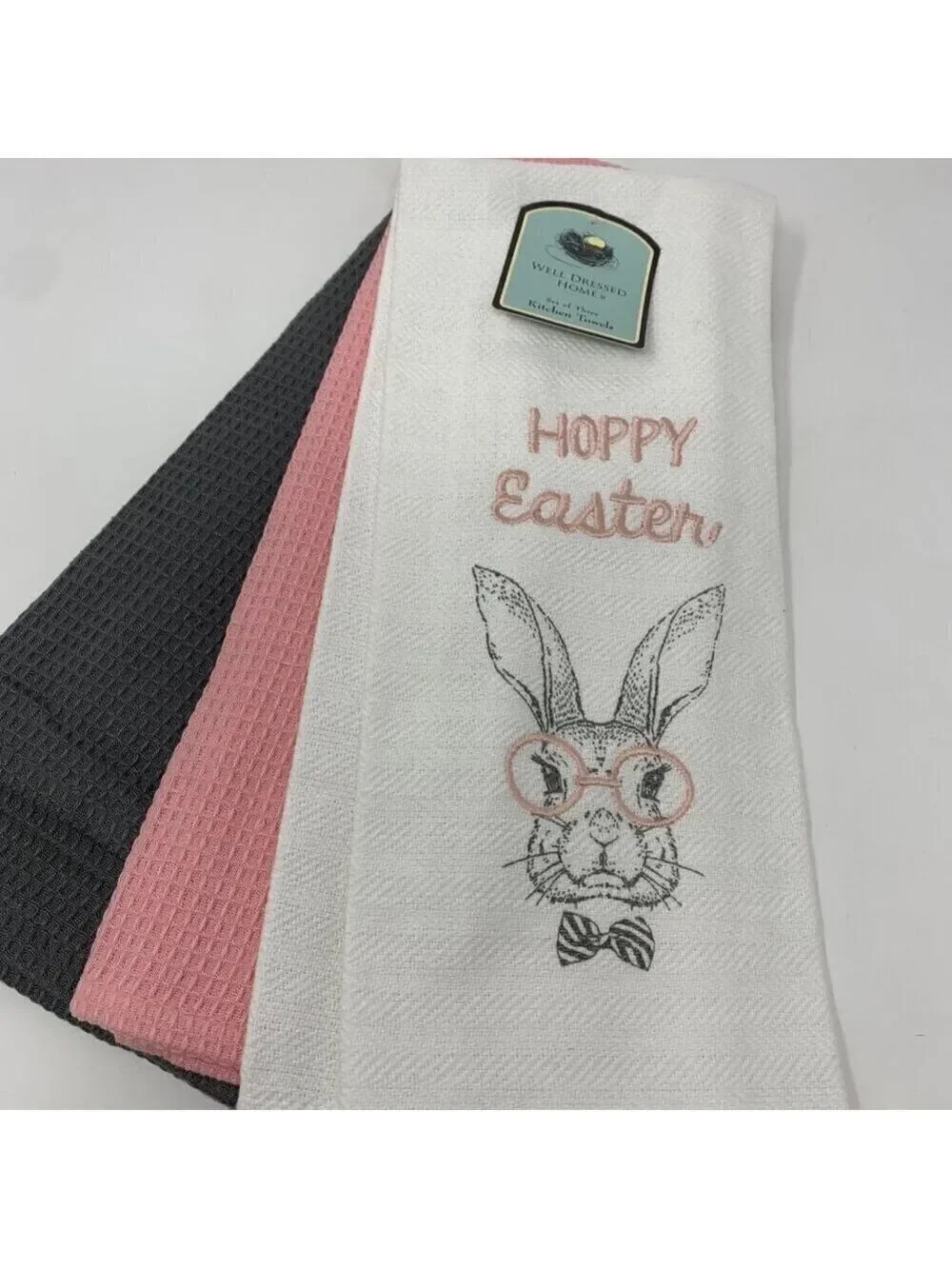 Farmhouse Easter Kitchen Towels Spring Holiday Bunny Rabbit Home Decor Pink Gray